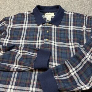 Eddie Bauer Mens Long Sleeve Polo Shirt Plaid Navy Blue Green Cotton M Rugby